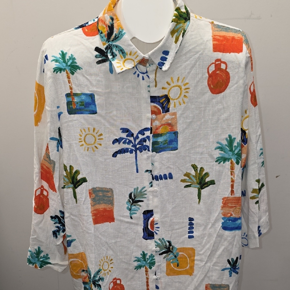White Tropical Print Button-Down Shirt for Men